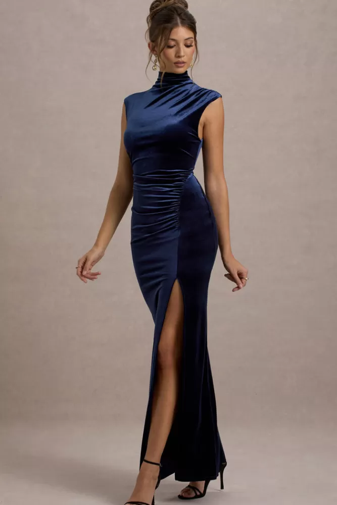 Elegante Vestito Lungo in Velluto con Spacco e Collo Alto - Modello Abilene di Club L London, Blu Notte a Prezzo Speciale