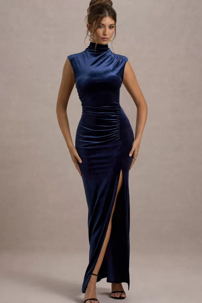 Elegante Vestito Lungo in Velluto con Spacco e Collo Alto - Modello Abilene di Club L London, Blu Notte a Prezzo Speciale