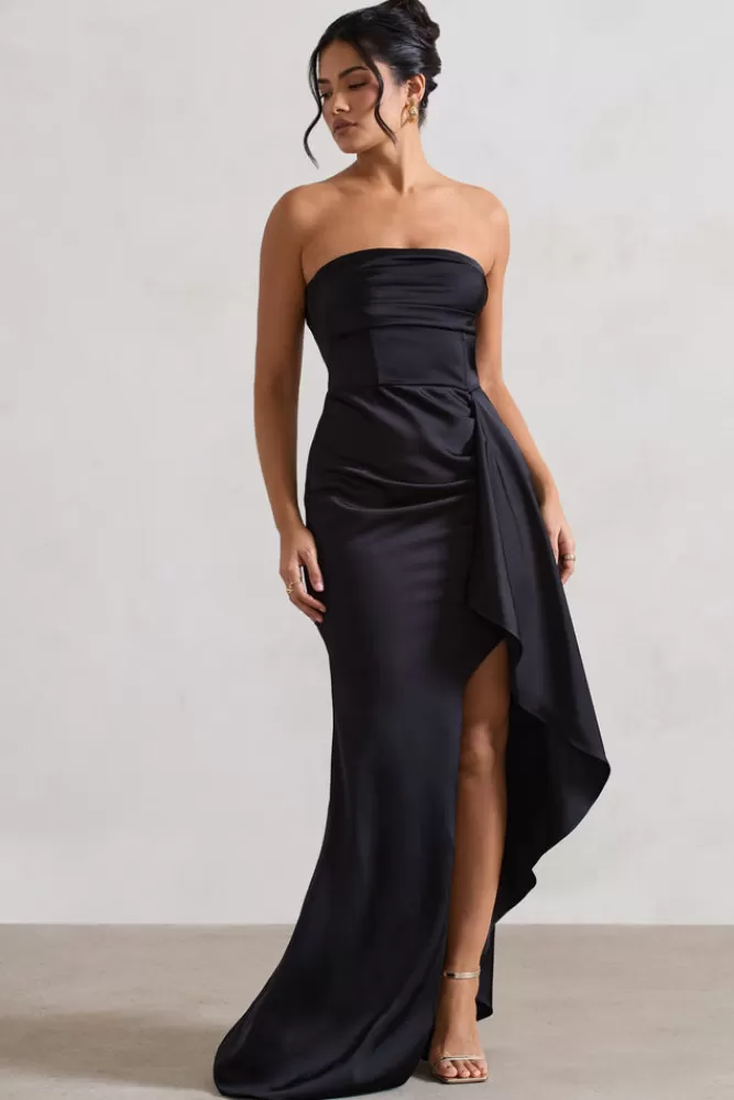 Abito Elegante Club L London - Vestito Lungo in Satin con Spacco e Balze, Nero Assoluto