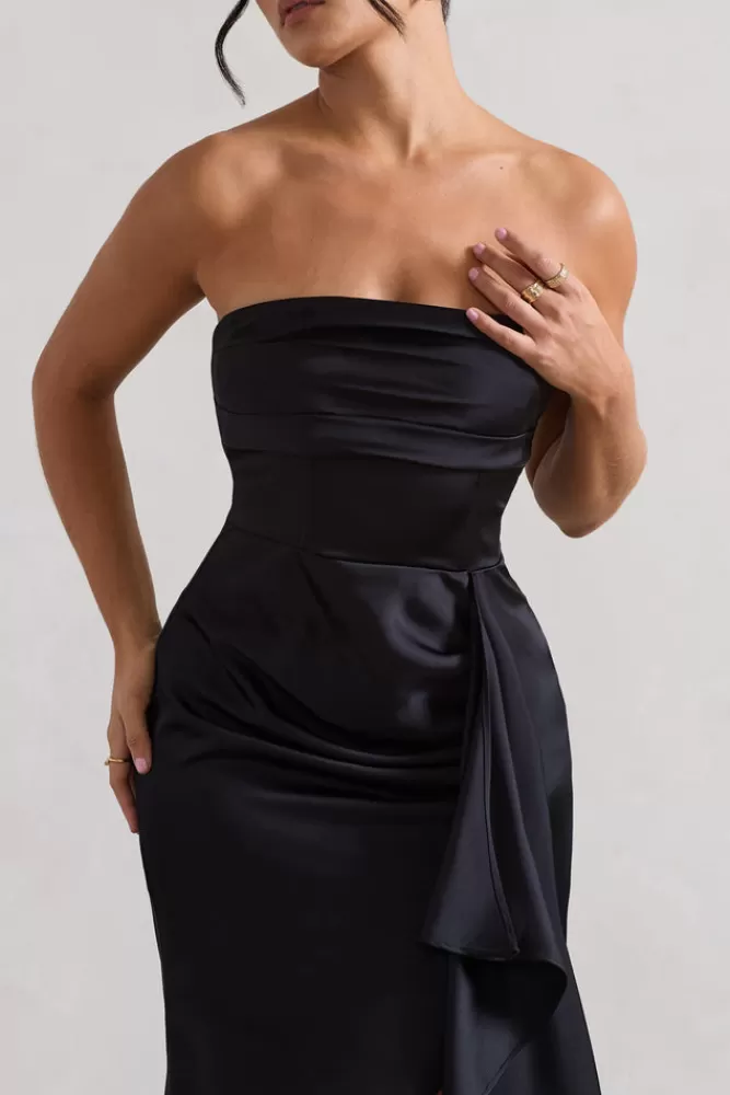 Abito Elegante Club L London - Vestito Lungo in Satin con Spacco e Balze, Nero Assoluto