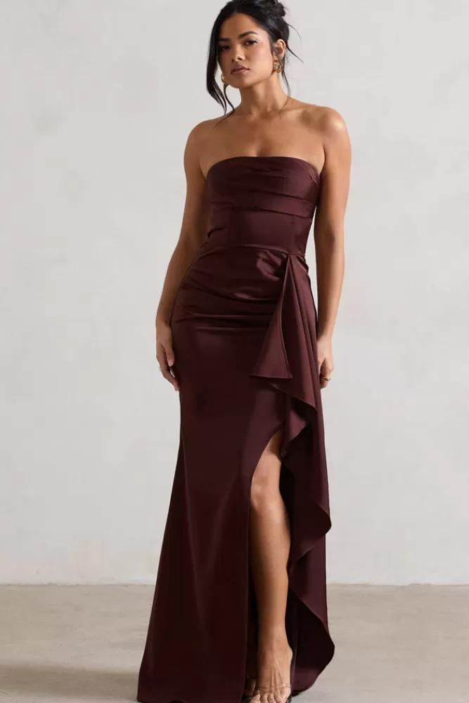 Abito Elegante in Satin Marrone con Spacco e Drappeggio Volant - Scollatura a Fascia, Stile Midi da Sera - Club L London Collezione Autunno Cioccolato