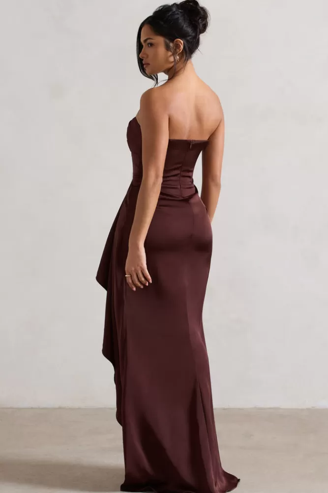 Abito Elegante in Satin Marrone con Spacco e Drappeggio Volant - Scollatura a Fascia, Stile Midi da Sera - Club L London Collezione Autunno Cioccolato