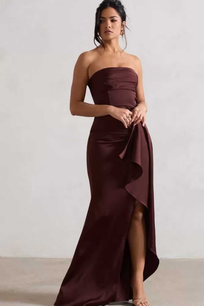 Abito Elegante in Satin Marrone con Spacco e Drappeggio Volant - Scollatura a Fascia, Stile Midi da Sera - Club L London Collezione Autunno Cioccolato