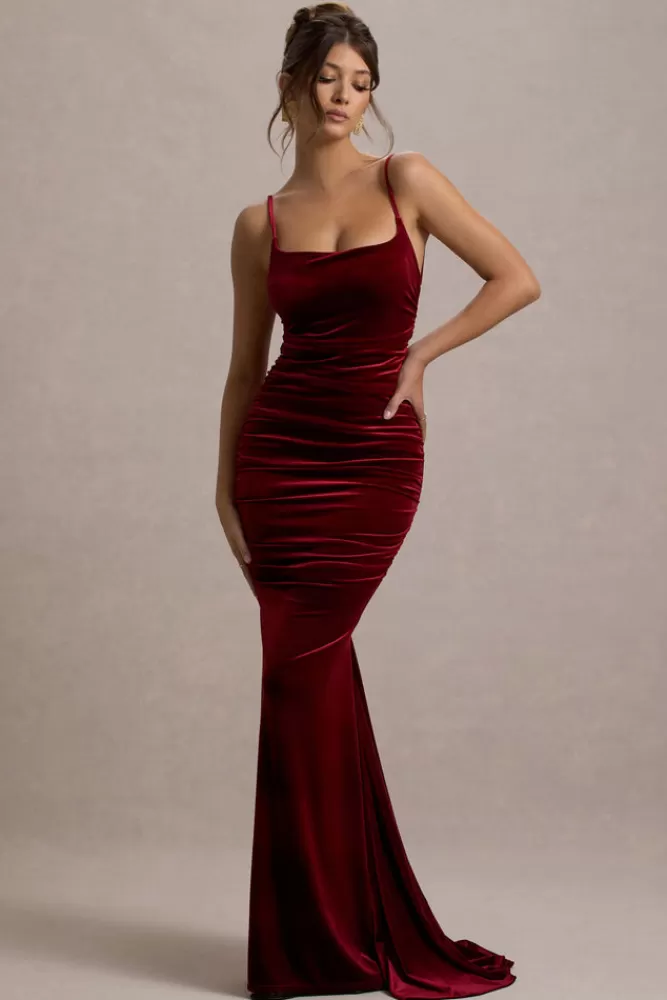 Abito Lungo in Velluto con Scollo alla Coreana e Spacco a Pinza – Perfetto per Serate Eleganti | Club L London Adele Bordeaux