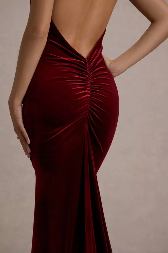 Abito Lungo in Velluto con Scollo alla Coreana e Spacco a Pinza – Perfetto per Serate Eleganti | Club L London Adele Bordeaux