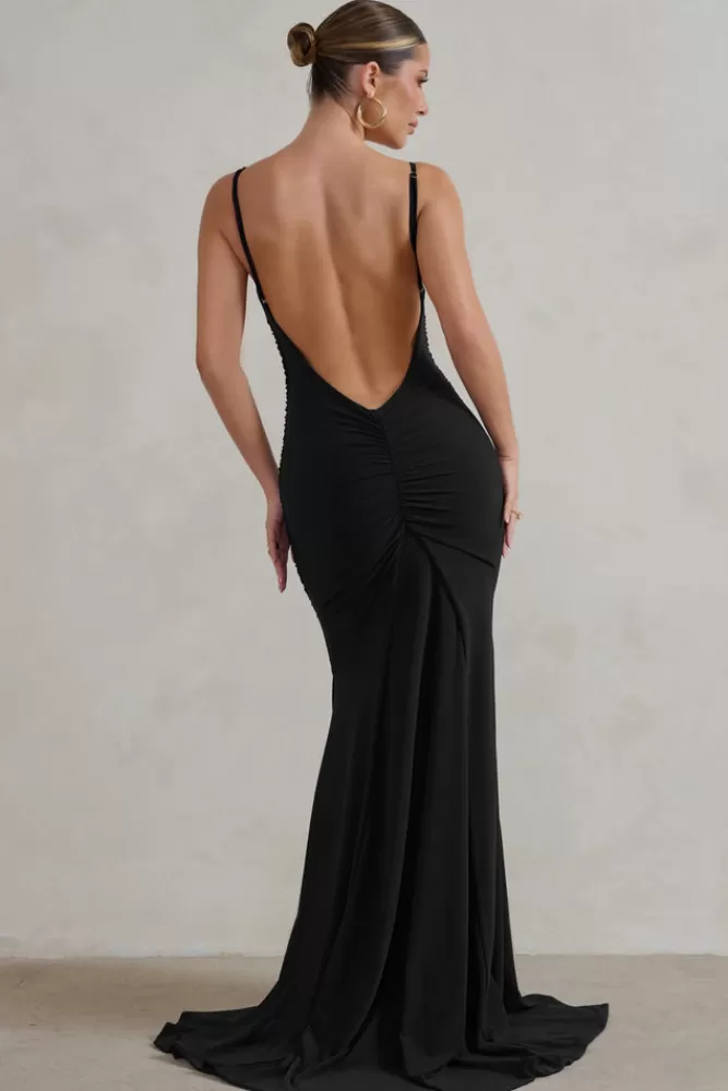 Club L London - Vestito Lungo Adele con Scollo a Cami e Drappeggio a Coda di Pesce - Nero Assoluto