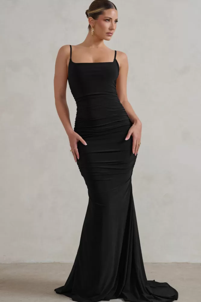 Club L London - Vestito Lungo Adele con Scollo a Cami e Drappeggio a Coda di Pesce - Nero Assoluto