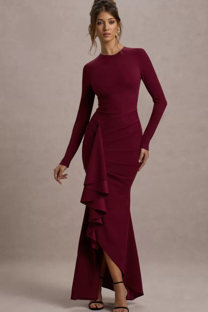 Club L London | Abito Midi Alayna in Tinta Unica con Maniche Lunghe, Balze e Spacco Decorativo - Collezione Bacca in Promozione Esclusiva