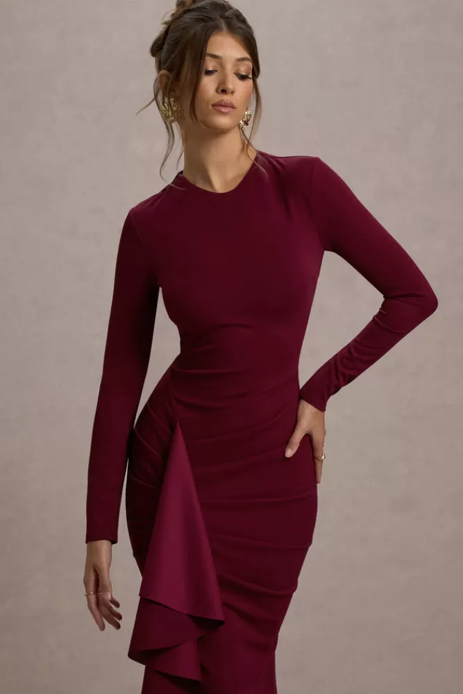 Club L London | Abito Midi Alayna in Tinta Unica con Maniche Lunghe, Balze e Spacco Decorativo - Collezione Bacca in Promozione Esclusiva