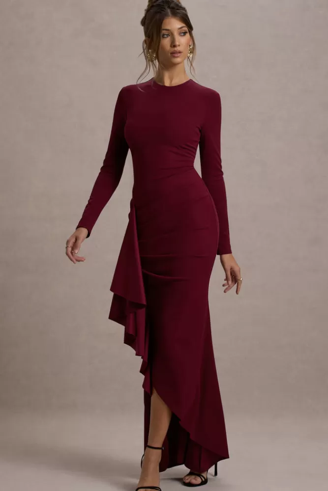 Club L London | Abito Midi Alayna in Tinta Unica con Maniche Lunghe, Balze e Spacco Decorativo - Collezione Bacca in Promozione Esclusiva