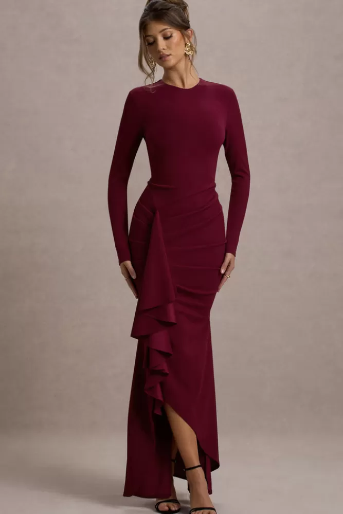 Club L London | Abito Midi Alayna in Tinta Unica con Maniche Lunghe, Balze e Spacco Decorativo - Collezione Bacca in Promozione Esclusiva