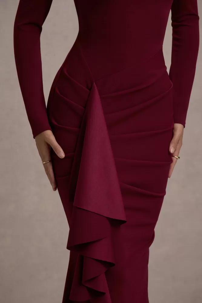 Club L London | Abito Midi Alayna in Tinta Unica con Maniche Lunghe, Balze e Spacco Decorativo - Collezione Bacca in Promozione Esclusiva