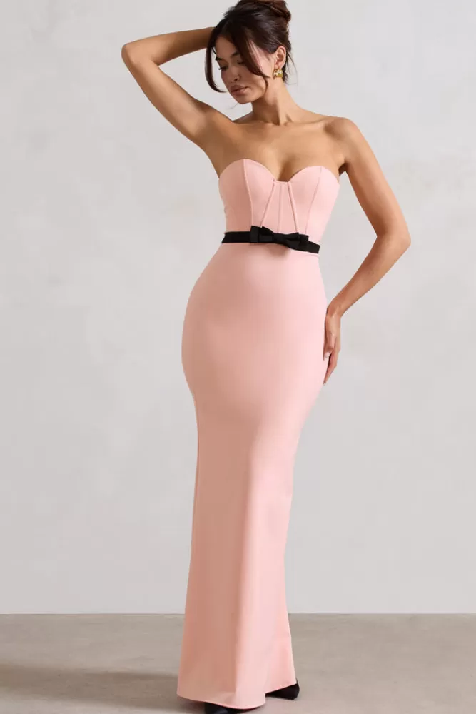 Vestito senza spalline con bustino strutturato in tessuto rosa chiaro - Abito lungo elegante con fiocco decorativo | Collezione Albi by Club L London - Disponibile in Saldi