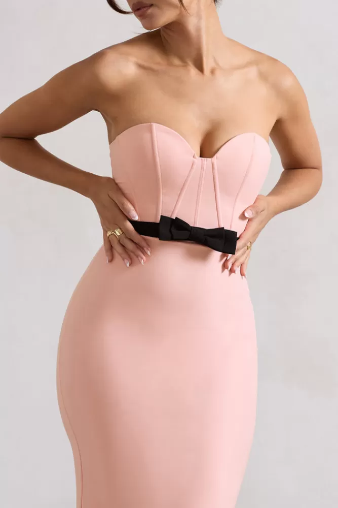 Vestito senza spalline con bustino strutturato in tessuto rosa chiaro - Abito lungo elegante con fiocco decorativo | Collezione Albi by Club L London - Disponibile in Saldi