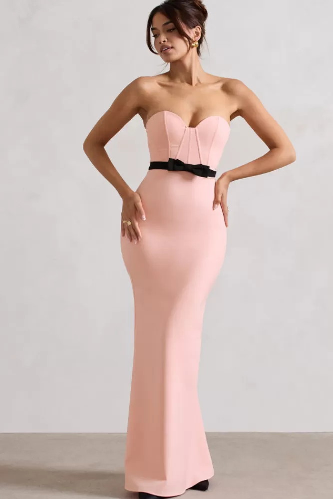 Vestito senza spalline con bustino strutturato in tessuto rosa chiaro - Abito lungo elegante con fiocco decorativo | Collezione Albi by Club L London - Disponibile in Saldi
