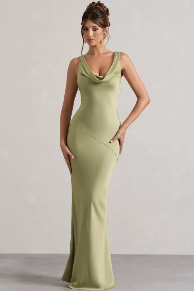 Abito Elegante in Raso Verde Oliva Chiaro con Scollo a Sacca - Vestito Lungo Club L London by Alesso | Edizione Limitata in Promozione