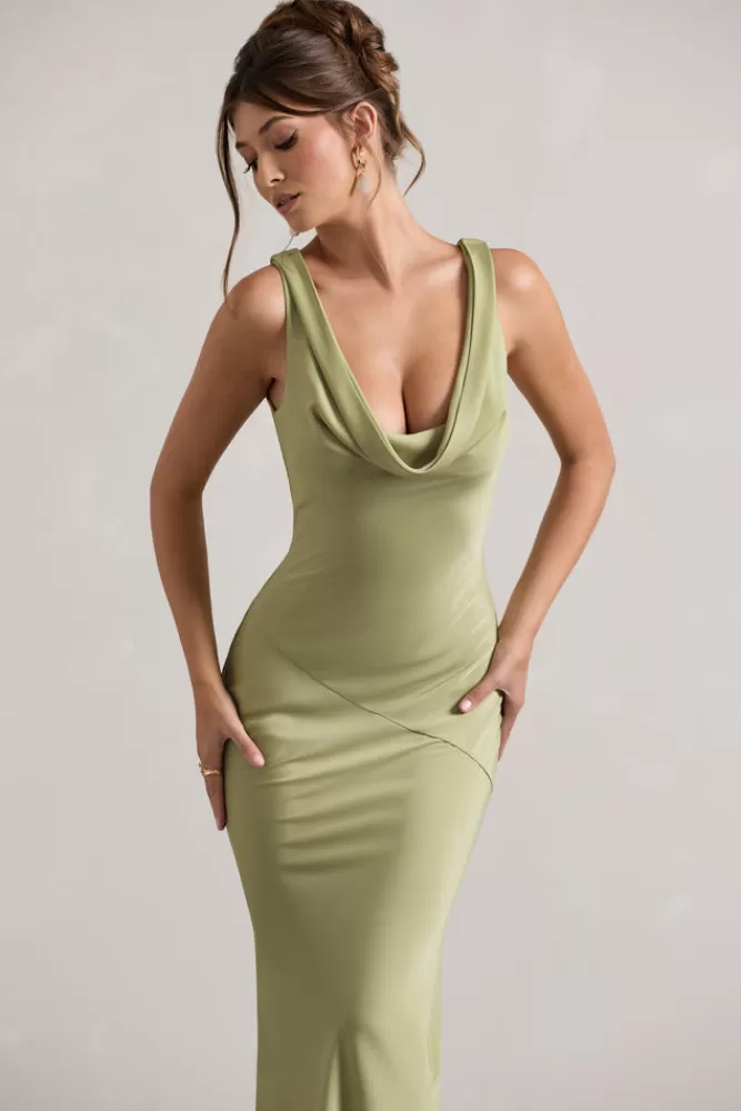 Abito Elegante in Raso Verde Oliva Chiaro con Scollo a Sacca - Vestito Lungo Club L London by Alesso | Edizione Limitata in Promozione