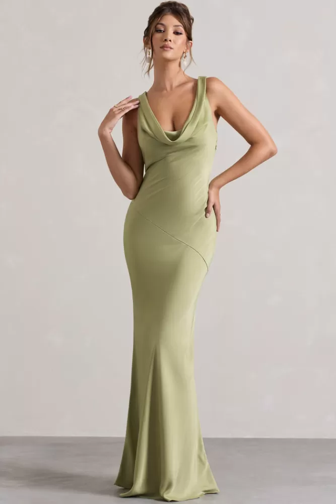 Abito Elegante in Raso Verde Oliva Chiaro con Scollo a Sacca - Vestito Lungo Club L London by Alesso | Edizione Limitata in Promozione