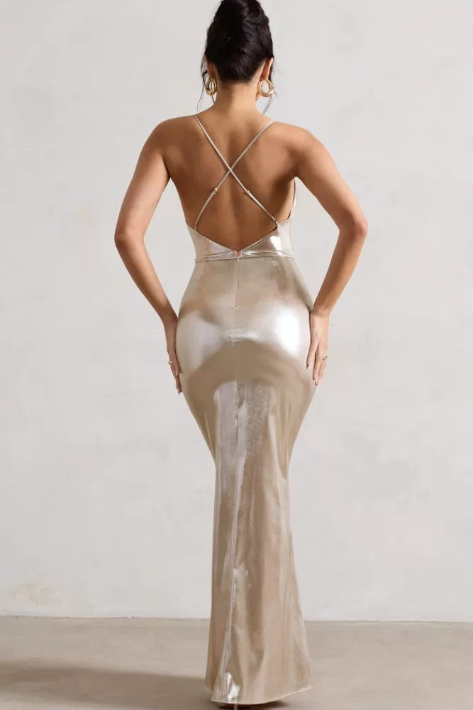 Club L London All In Time | Abito Maxi Luccicante con Scollo Avvolgente e Dettagli Incrociati sul Retro - Champagne Limited Edition
