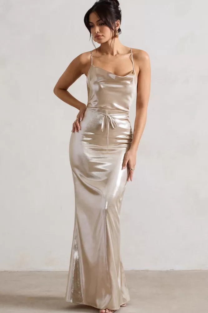 Club L London All In Time | Abito Maxi Luccicante con Scollo Avvolgente e Dettagli Incrociati sul Retro - Champagne Limited Edition