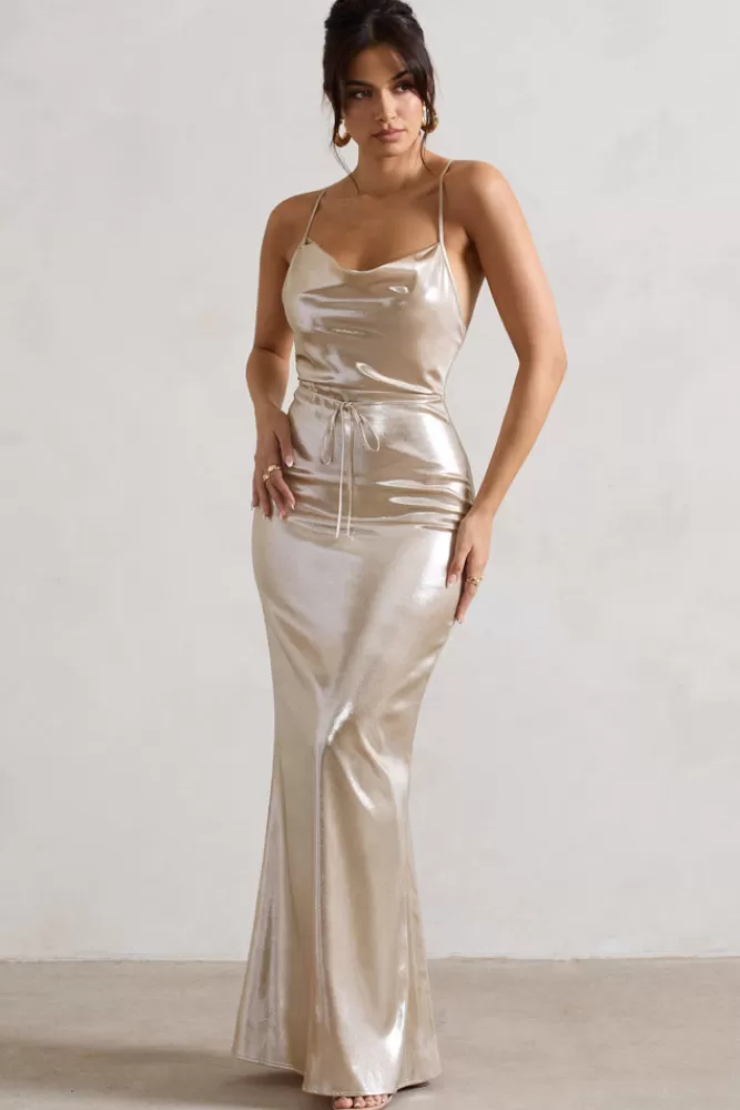 Club L London All In Time | Abito Maxi Luccicante con Scollo Avvolgente e Dettagli Incrociati sul Retro - Champagne Limited Edition