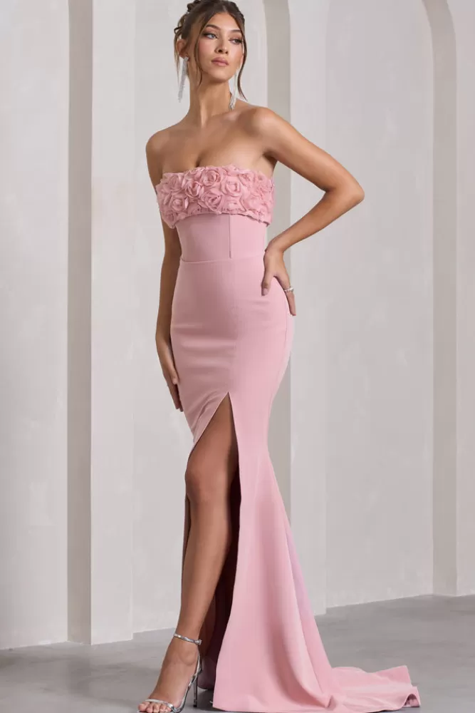 Abito rosa Allegra di Club London - Bandeau con spacco e coda a sirena, fantasia floreale | Edizione Pinkicing disponibile online