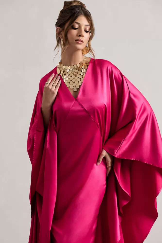 Club L London | Abito Elegante Alohi in Raso Rosa Shock con Drappeggio - Abito da Sera Maxi Scollato

(，，