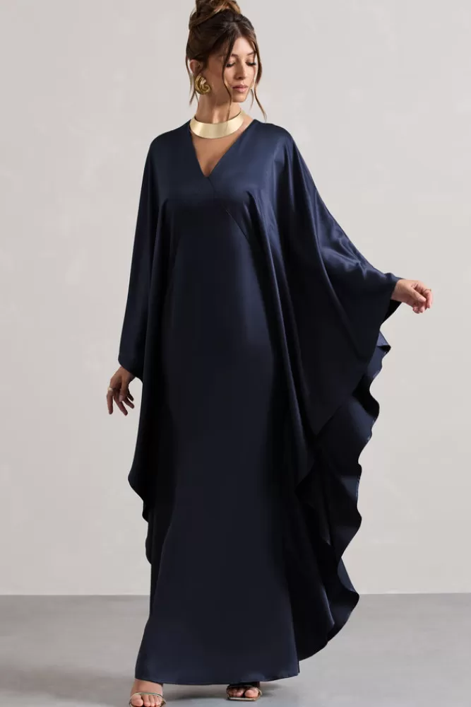 Abito Midi in Satin con Spalline a Drappo - Scollatura V Profonda | Club L London Alohi | Ultimi Pezzi Disponibili | Blu Navy - Saldi Esclusivi