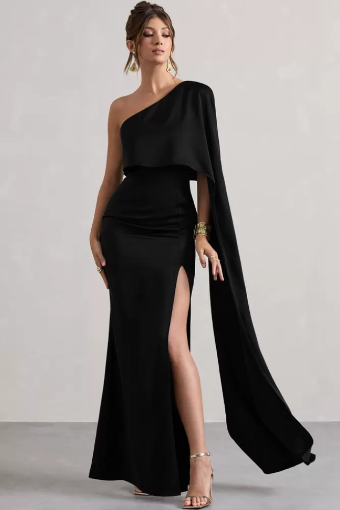 Abito Midi Satin Nero con Manica a Mantella Asimmetrica - Club L London Amora | Elegante vestito serale con spacco laterale, disponibile per acquisto online
