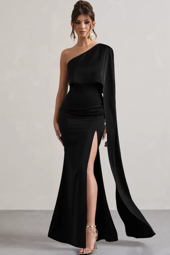 Abito Midi Satin Nero con Manica a Mantella Asimmetrica - Club L London Amora | Elegante vestito serale con spacco laterale, disponibile per acquisto online