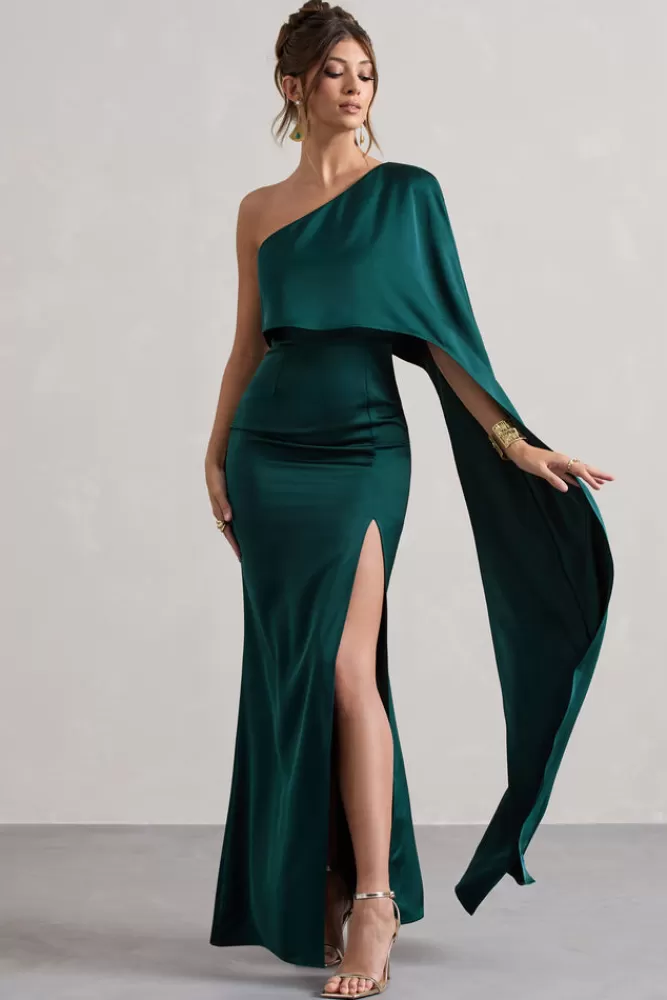 Club L London Amora - Abito Lungo in Raso Verde Bottiglia con Maniche a Mantella e Spacco Laterale - Vestito Asimmetrico Elegante a Prezzo Imperdibile