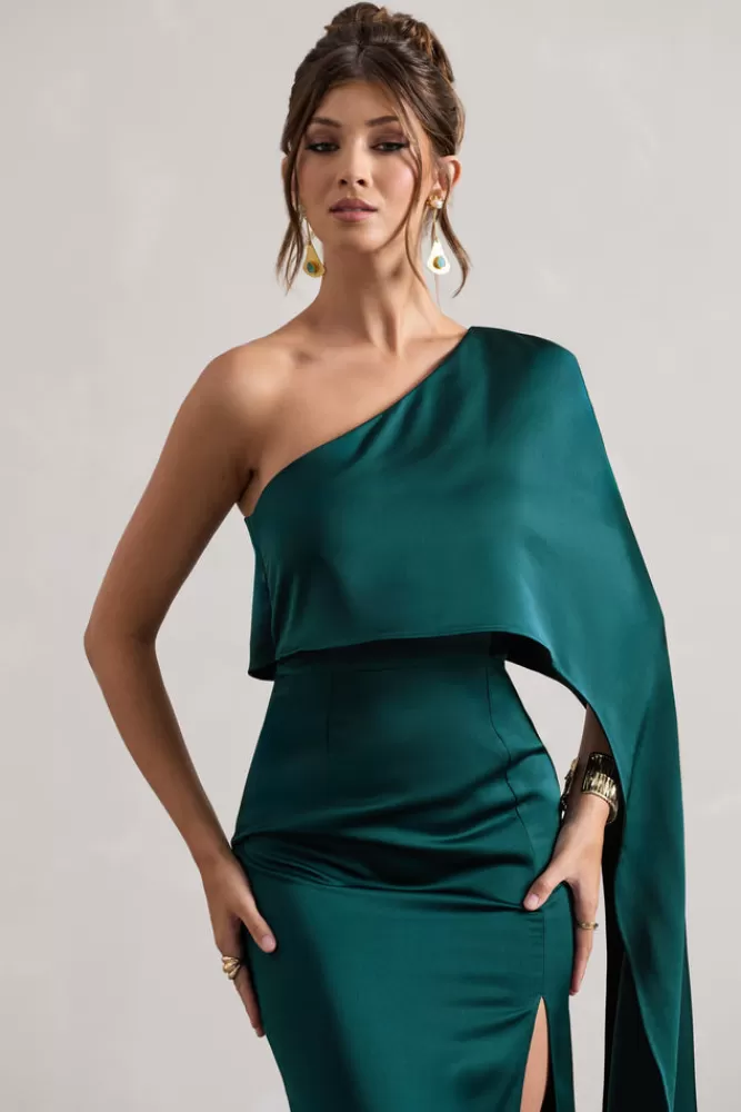 Club L London Amora - Abito Lungo in Raso Verde Bottiglia con Maniche a Mantella e Spacco Laterale - Vestito Asimmetrico Elegante a Prezzo Imperdibile