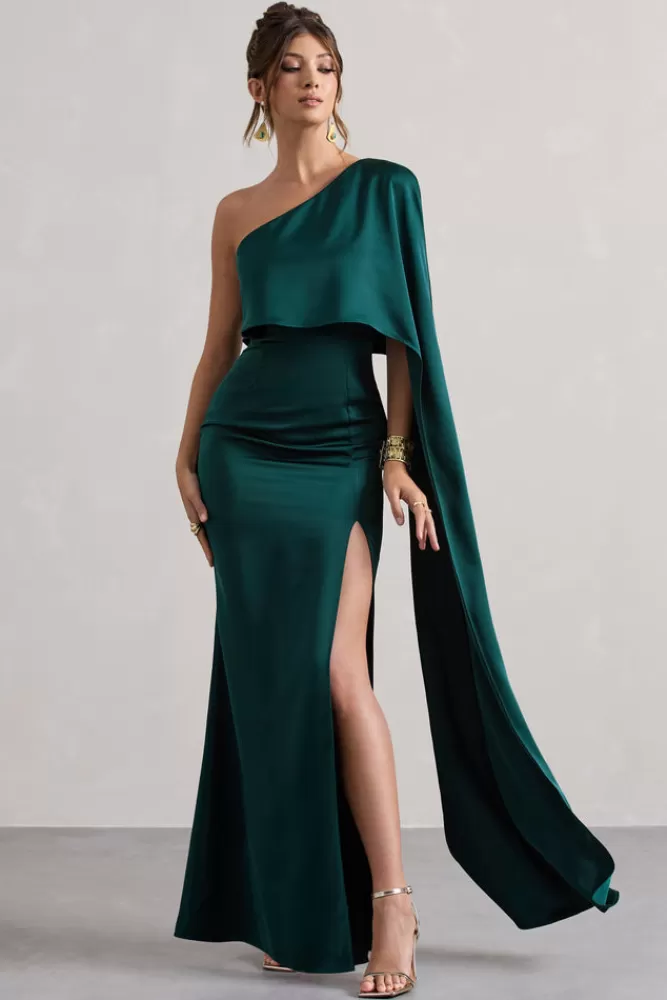 Club L London Amora - Abito Lungo in Raso Verde Bottiglia con Maniche a Mantella e Spacco Laterale - Vestito Asimmetrico Elegante a Prezzo Imperdibile
