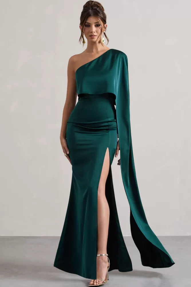 Club L London Amora - Abito Lungo in Raso Verde Bottiglia con Maniche a Mantella e Spacco Laterale - Vestito Asimmetrico Elegante a Prezzo Imperdibile