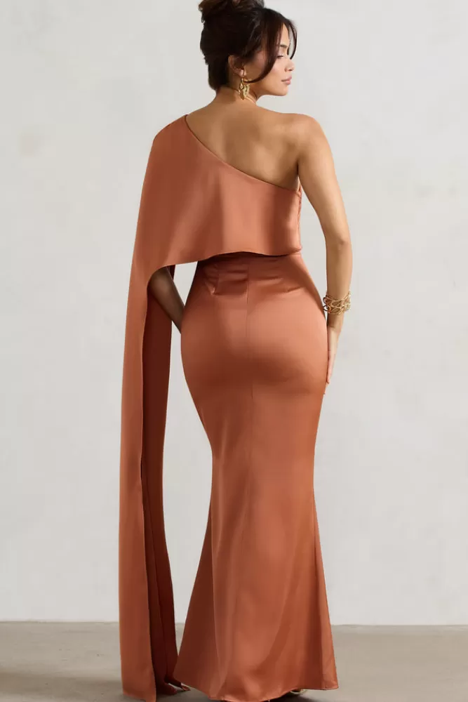 Amora by Club L London - Abito Midi Asimmetrico in Seta con Maniche a Mantella e Stacco laterale, Tonalità Terracotta. Elegante e Sensuale, In Offerta Imperdibile!