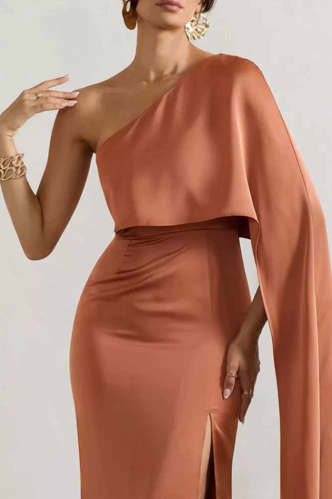 Amora by Club L London - Abito Midi Asimmetrico in Seta con Maniche a Mantella e Stacco laterale, Tonalità Terracotta. Elegante e Sensuale, In Offerta Imperdibile!