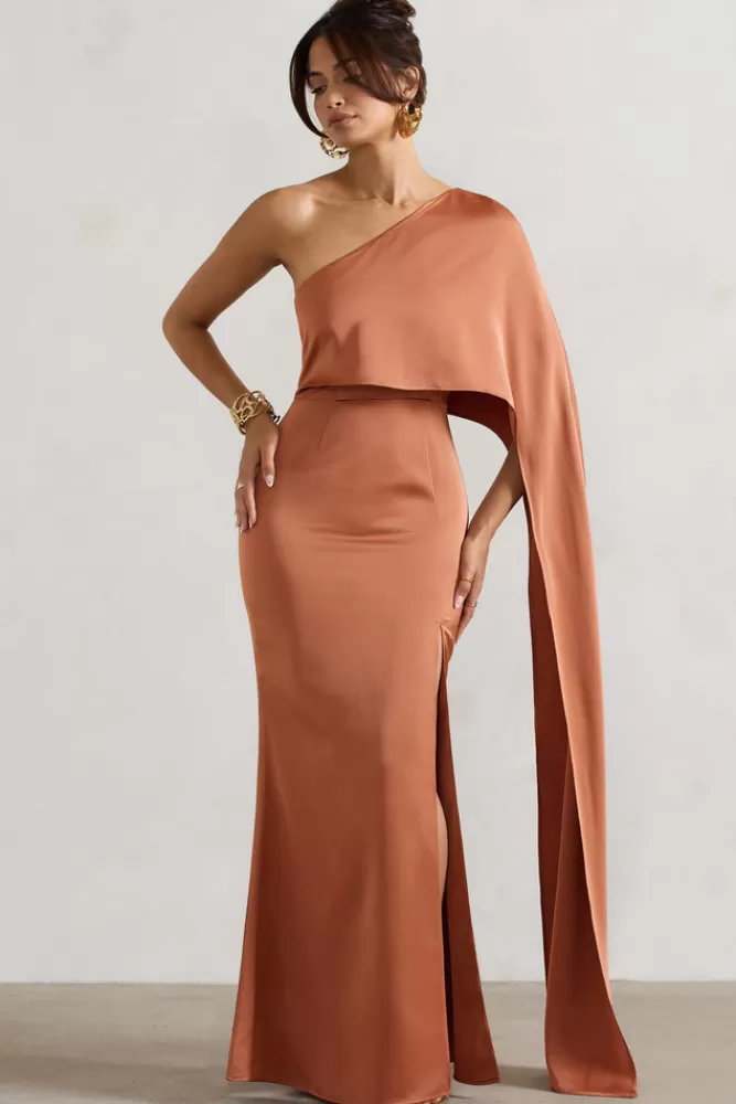 Amora by Club L London - Abito Midi Asimmetrico in Seta con Maniche a Mantella e Stacco laterale, Tonalità Terracotta. Elegante e Sensuale, In Offerta Imperdibile!
