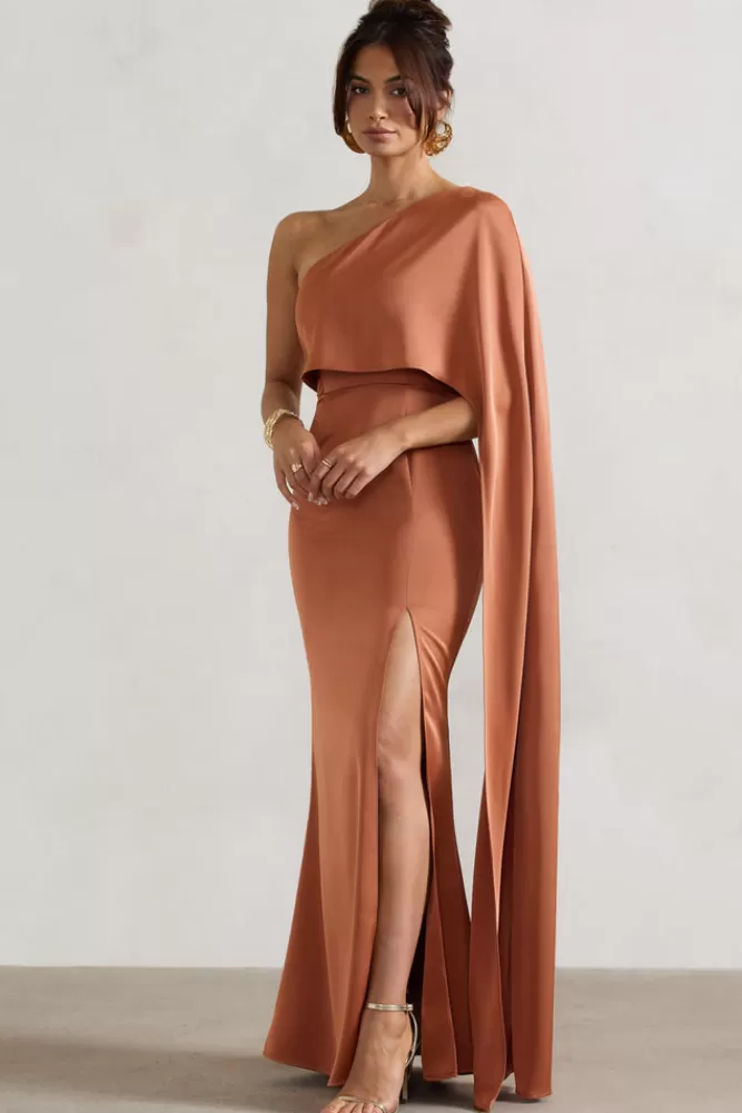 Amora by Club L London - Abito Midi Asimmetrico in Seta con Maniche a Mantella e Stacco laterale, Tonalità Terracotta. Elegante e Sensuale, In Offerta Imperdibile!