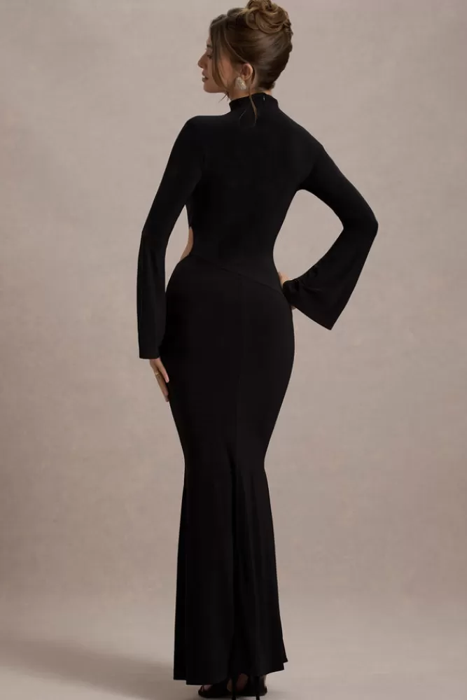 Abito lungo in pizzo con scollo alto e dettaglio traforato - Nero elegante da sera | Modello Anderson di Club L London con sconto speciale