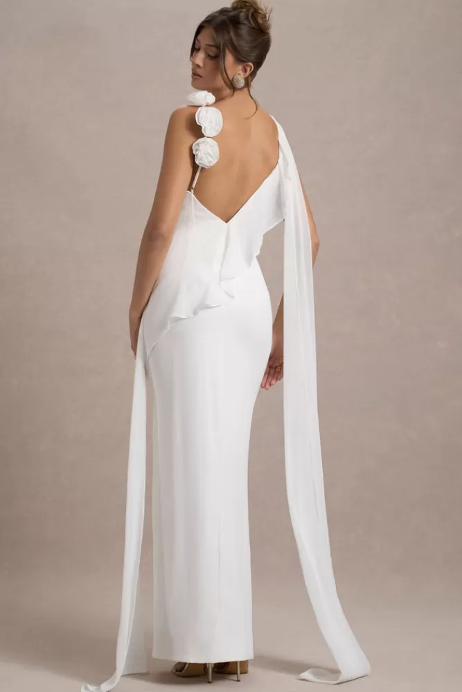 Club L London - Abito Angeline | Vestito lungo in chiffon drappeggiato con spacco laterale e decorazioni floreali - Novità in bianco puro