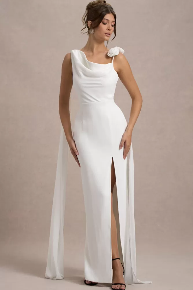 Club L London - Abito Angeline | Vestito lungo in chiffon drappeggiato con spacco laterale e decorazioni floreali - Novità in bianco puro