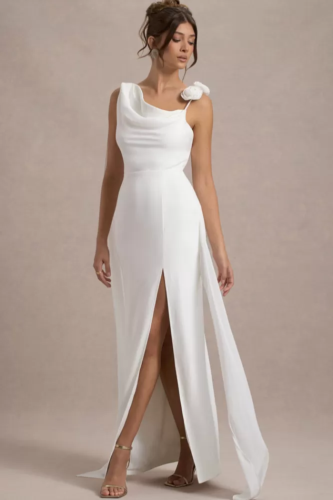 Club L London - Abito Angeline | Vestito lungo in chiffon drappeggiato con spacco laterale e decorazioni floreali - Novità in bianco puro