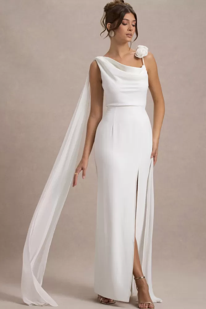 Club L London - Abito Angeline | Vestito lungo in chiffon drappeggiato con spacco laterale e decorazioni floreali - Novità in bianco puro