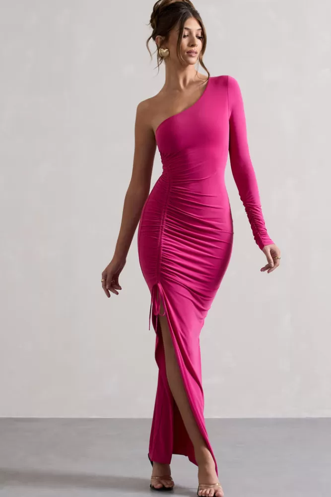 In Saldo: Abito Lungo Monospalla con Drappeggi Asimmetrici in Tonalità Fucsia Scuro - Collezione BOUDOIRRED by Club L London Anima