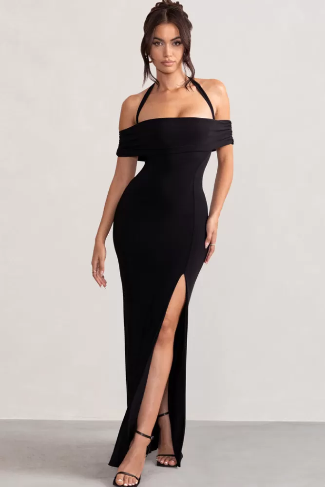 Club L London - Vestito Lungo Anisa con Scollatura Bardò e Spacco Coscia in Nero