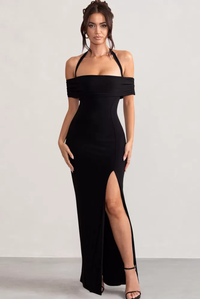 Club L London - Vestito Lungo Anisa con Scollatura Bardò e Spacco Coscia in Nero