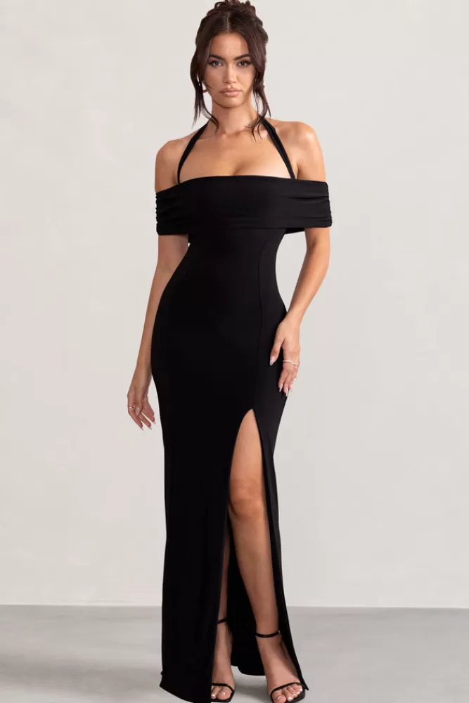 Club L London - Vestito Lungo Anisa con Scollatura Bardò e Spacco Coscia in Nero