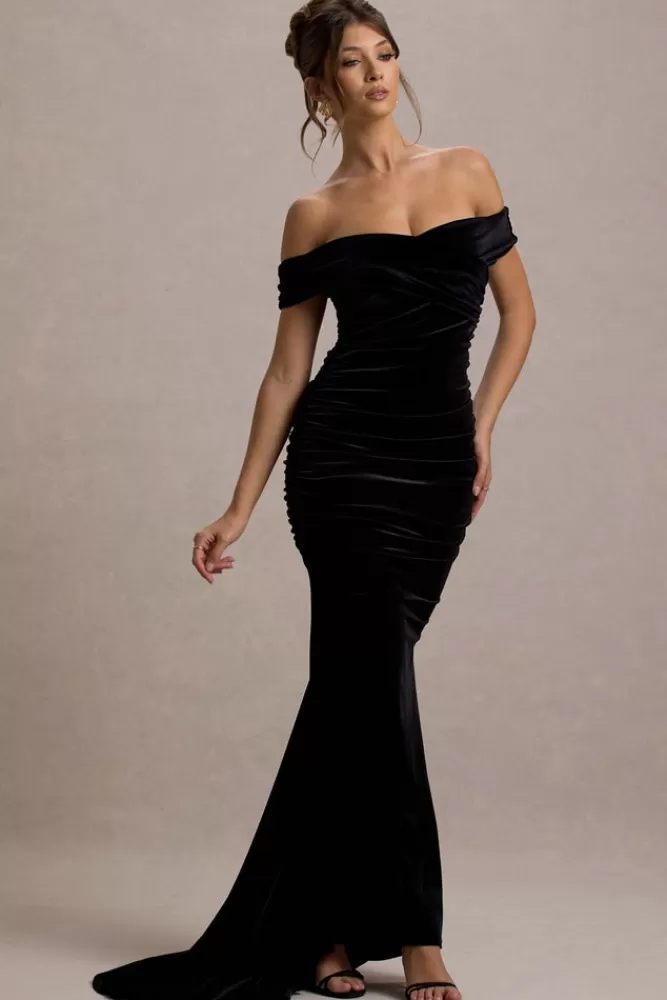 Club L London - Abito lungo in velluto nero modello Apolline con spalle scoperte, plissettato e linea a coda di sirena per uno stile elegante.