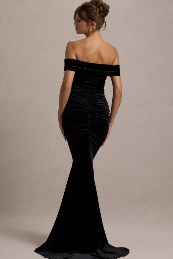 Club L London - Abito lungo in velluto nero modello Apolline con spalle scoperte, plissettato e linea a coda di sirena per uno stile elegante.