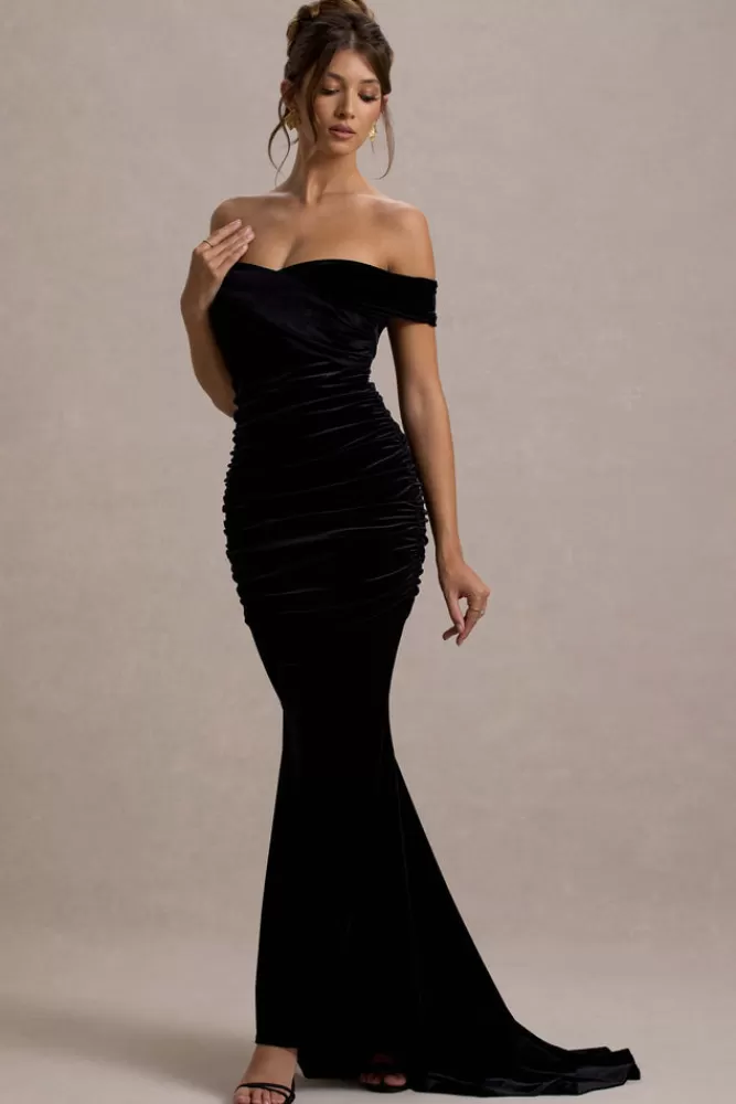 Club L London - Abito lungo in velluto nero modello Apolline con spalle scoperte, plissettato e linea a coda di sirena per uno stile elegante.
